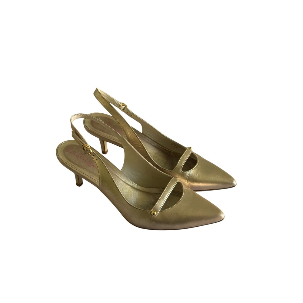 Lilly Pulitzer Slingback Heels Women's Size 9M Gold Metallic Pointed Toe Strap